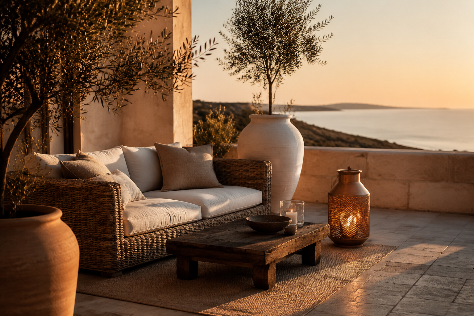 A styled terrace at golden hour